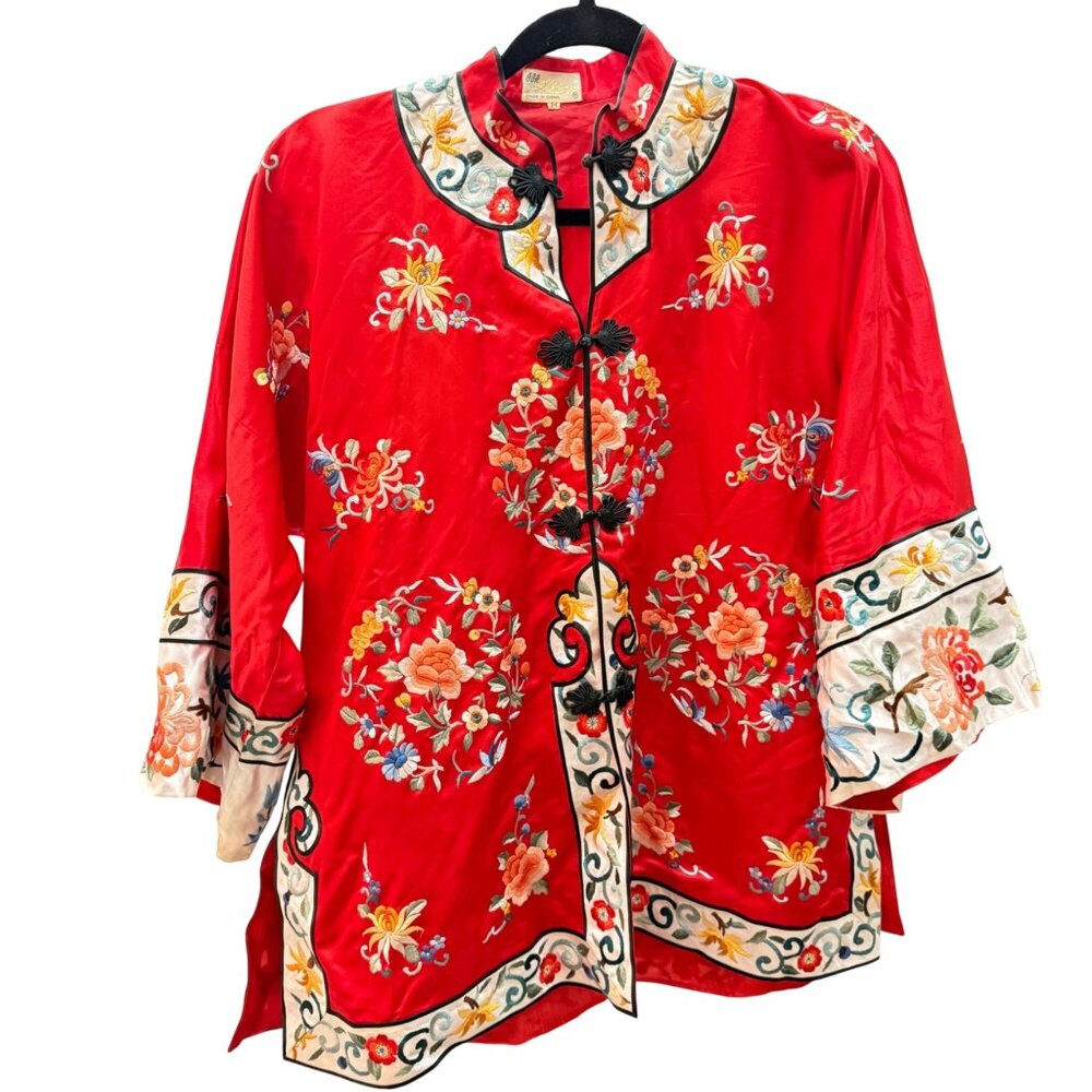 Vintage 60s Lily Chinese Silk Embroidered Floral Kimono Kaftan Jacket Medium